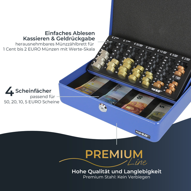 Geldkassette HMF 10015 mit Münzzählbrett Blau 30x24x9 cm extra robust Premium