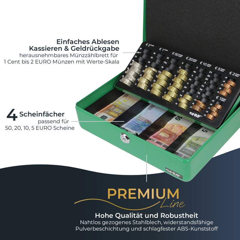 Geldkassette HMF 10015 mit Münzzählbrett Grün 30x24x9 cm weitere Farben