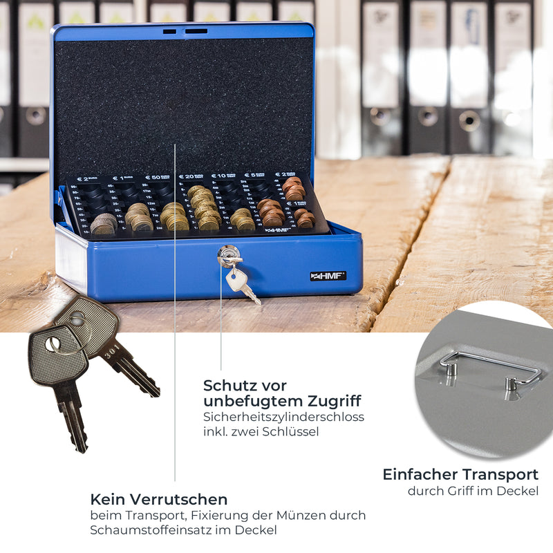 Geldkassette HMF 10015 mit Münzzählbrett Silber 30x24x9 cm kompakt Vorteile