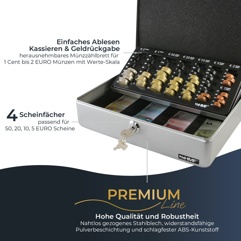 Geldkassette HMF 10015 mit Münzzählbrett Silber 30x24x9 cm mit Tragegriff Vergleich