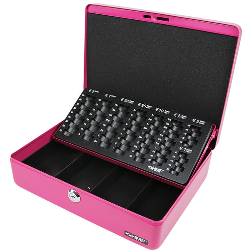 Geldkassette HMF 10015 mit Münzzählbrett Pink 30x24x9 cm geöffnet