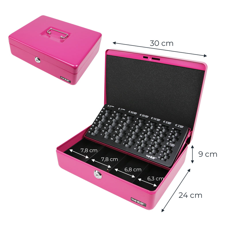 Geldkassette HMF 10015 mit Münzzählbrett Pink 30x24x9 cm mit Maßangaben