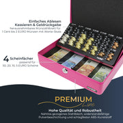 Geldkassette HMF 10015 mit Münzzählbrett Pink 30x24x9 cm geöffnet