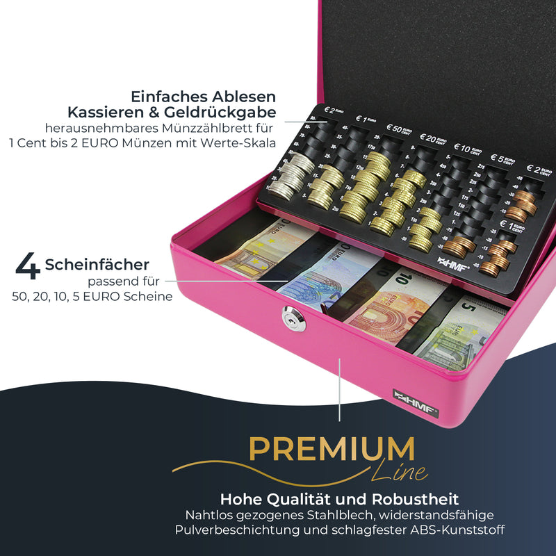 Geldkassette HMF 10015 mit Münzzählbrett Pink 30x24x9 cm geöffnet
