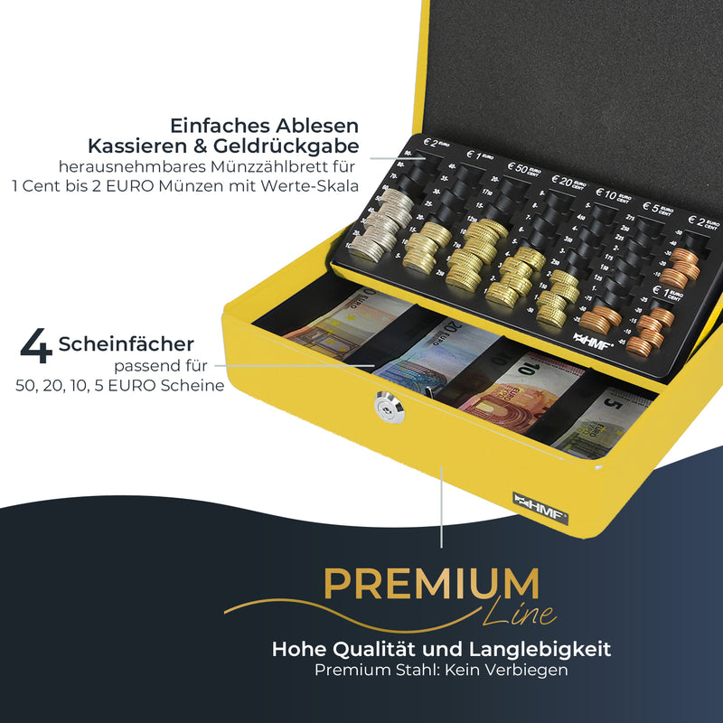Geldkassette HMF 10015 mit Münzzählbrett Gelb 30x24x9 cm extra robust Premium