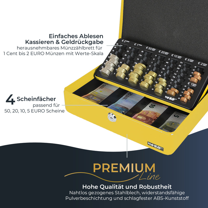 Geldkassette HMF 10015 mit Münzzählbrett Gelb 30x24x9 cm mit Tragegriff Vergleich