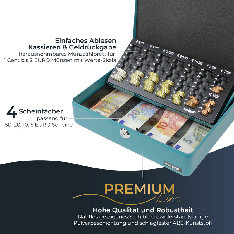 Geldkassette HMF 10015 mit Münzzählbrett Petrol 30x24x9 cm geöffnet