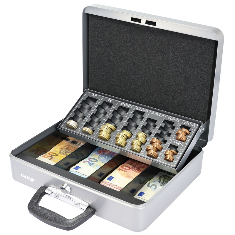 Geldkassette mit Tragegriff von HMF mit 30 cm Breite in Silber