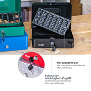 Geldkassette mit einem Euro-Münzzählbrett von HMF mit 25 cm Breite in Schwarz