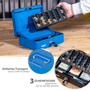 Geldkassette mit einem Euro-Münzzählbrett von HMF mit 25 cm Breite in Blau