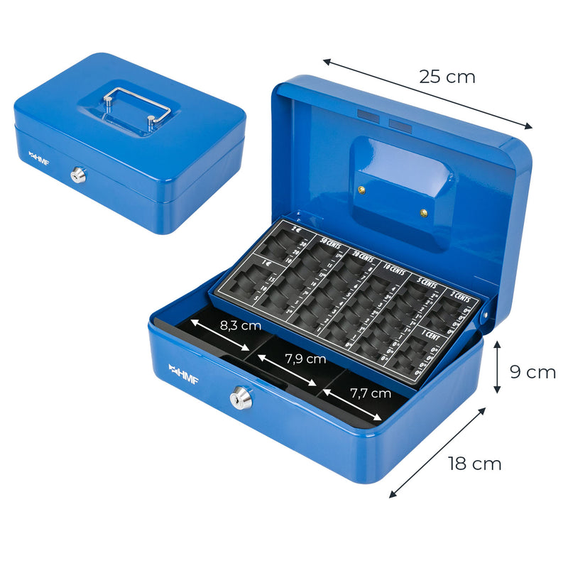 Geldkassette mit einem Euro-Münzzählbrett von HMF mit 25 cm Breite in Blau