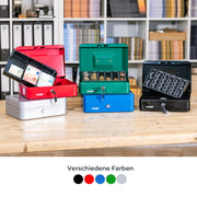 Geldkassette mit einem Euro-Münzzählbrett von HMF mit 25 cm Breite in Blau