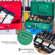 Geldkassette mit einem Euro-Münzzählbrett von HMF mit 25 cm Breite in Grün