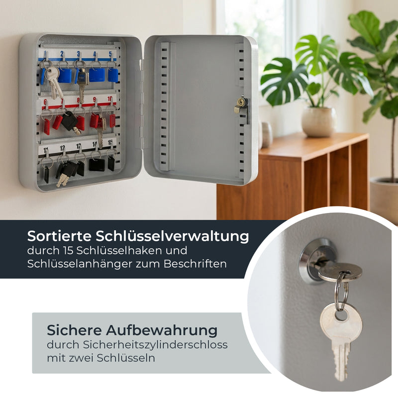 HMF Schlüsselkasten klein aus Stahl, abschließbarer Schlüsselschrank, 15 Schlüsselhaken, Lichtgrau