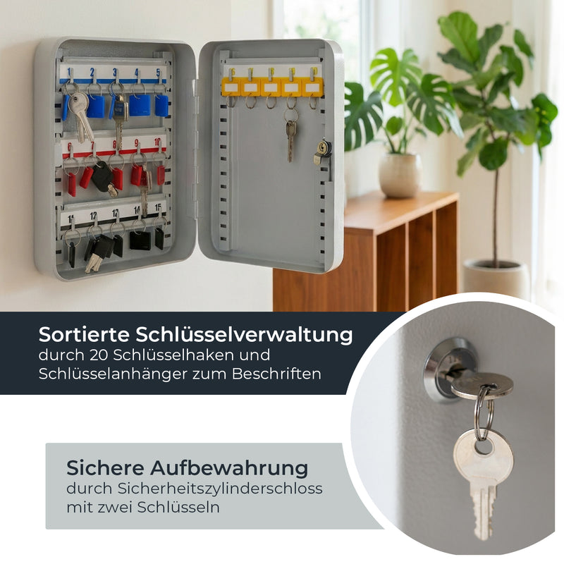 HMF Schlüsselkasten klein aus Stahl, abschließbarer Schlüsselschrank, 20 Schlüsselhaken, Lichtgrau