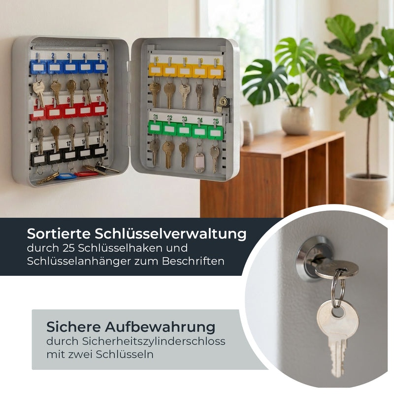 HMF Schlüsselkasten klein aus Stahl, abschließbarer Schlüsselschrank, 25 Schlüsselhaken, Lichtgrau