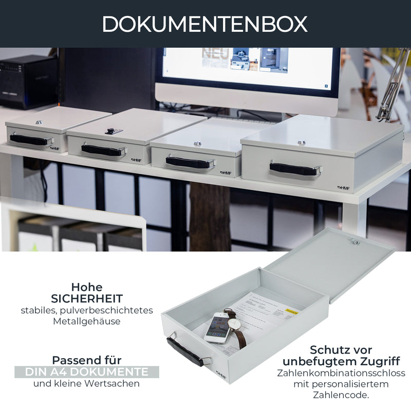 Dokumentenkassette mit Zahlenschloss in DIN A4 von HMF in Lichtgrau