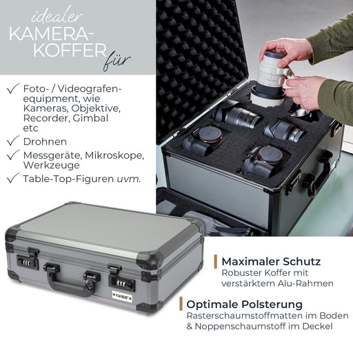 Alu Fotokoffer oder Waffenkoffer mit Rasterschaumstoff von HMF mit den Maßen 46 x 15 x 33 cm