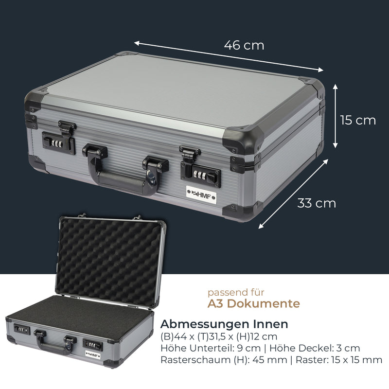 Alu Fotokoffer oder Waffenkoffer mit Rasterschaumstoff von HMF mit den Maßen 46 x 15 x 33 cm