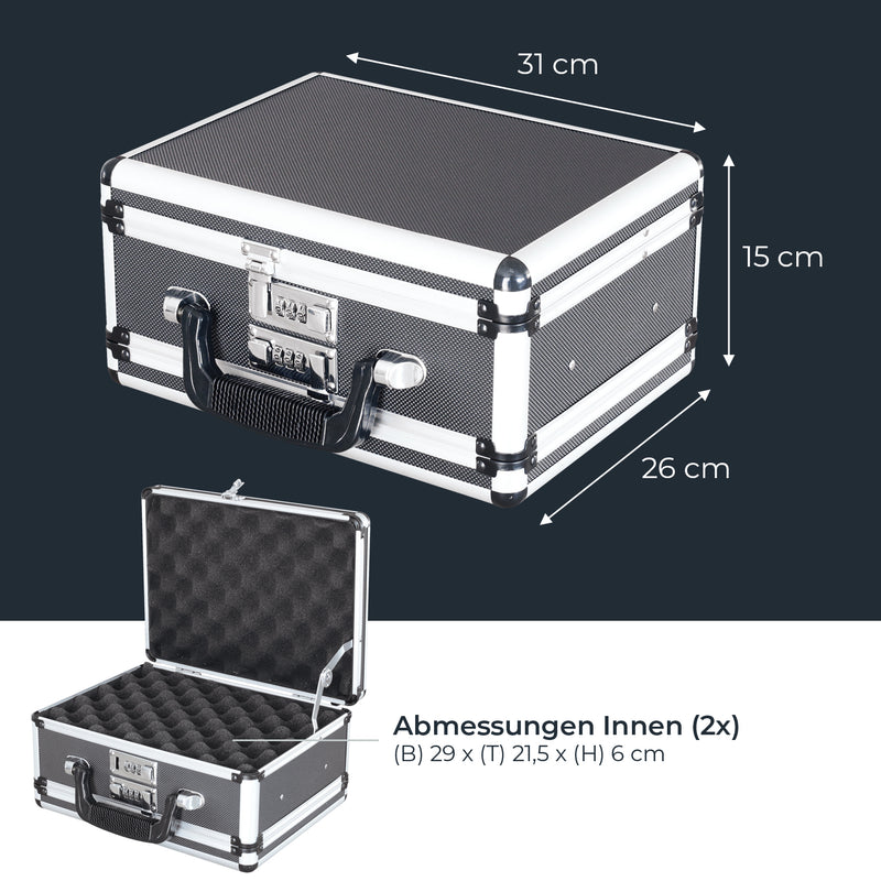 Alu Pistolenkoffer oder Kurzwaffenkoffer mit Zahlenschloss und doppeltem Boden von HMF mit den Maßen 31 x 26 x 15 cm