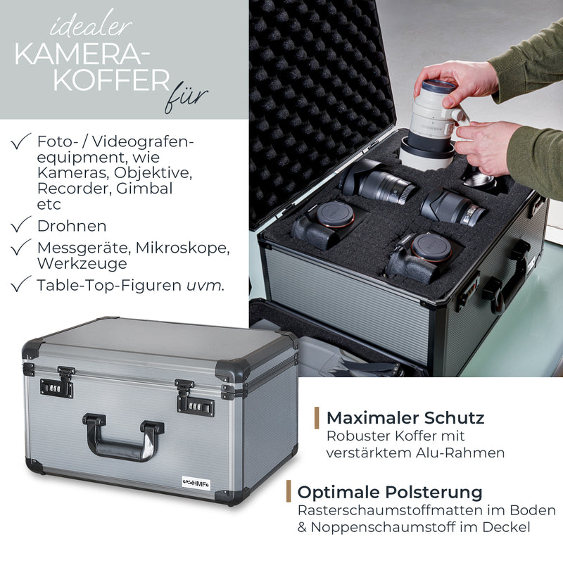 HMF 14412-02 Alu Fotokoffer Waffenkoffer mit Rasterschaumstoff HMF 14412-02 46 x 26 x 33 cm Vorteile
