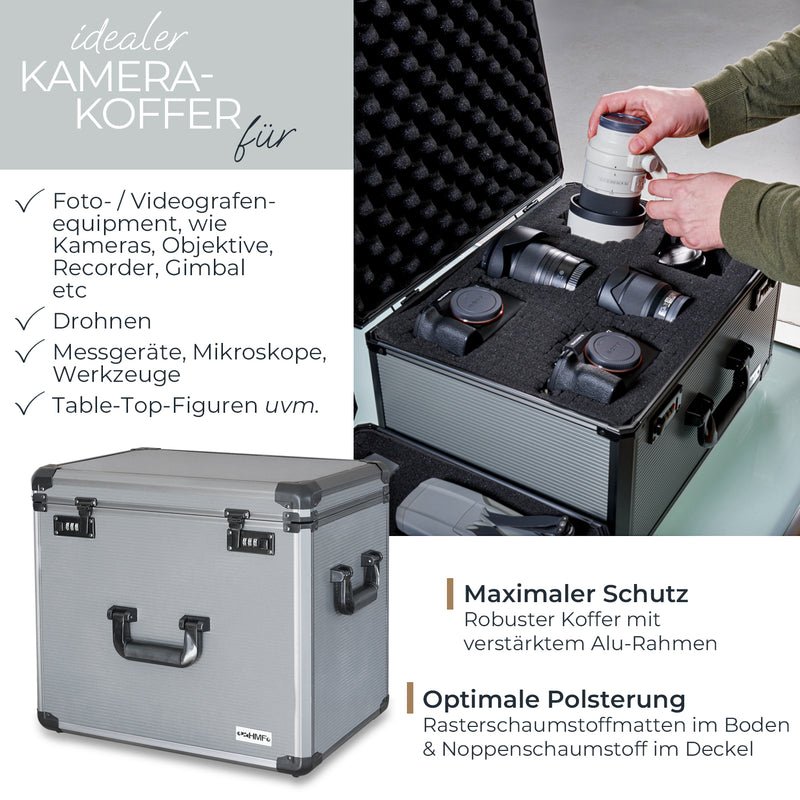 Alu Fotokoffer Miniaturenkoffer Rasterschaumstoff HMF 14422-02 46 x 41 x 33 cm Vorteile