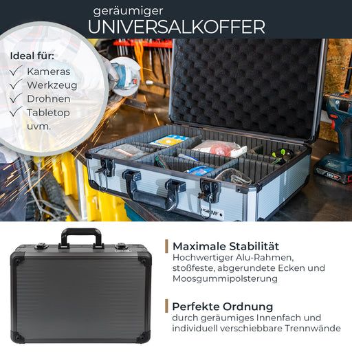 Alu Aufbewahrungskoffer oder Universalkoffer mit verstellbarer Facheinteilung von HMF