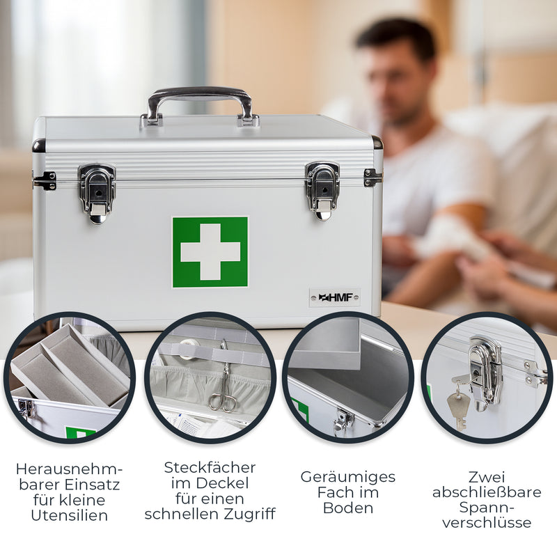 Medizinkoffer oder Erste Hilfe Koffer aus Aluminium von HMF mit den Maßen 40 x 22.5 x 20.5 cm in Silber