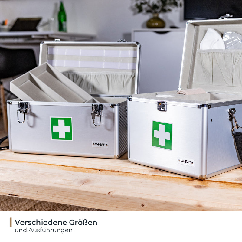 Medizinkoffer oder Erste Hilfe Koffer aus Aluminium von HMF mit den Maßen 40 x 22.5 x 20.5 cm in Silber