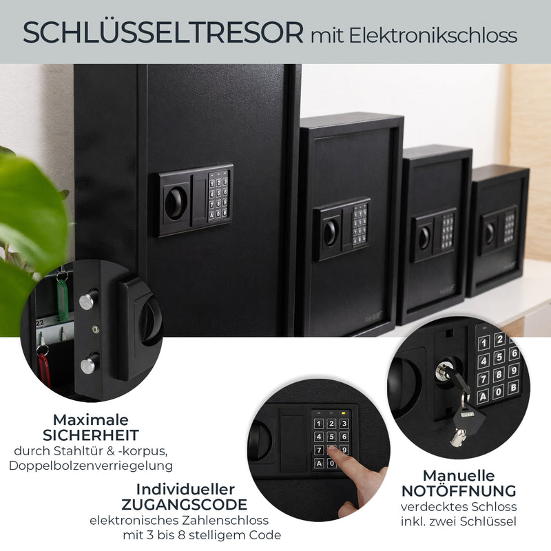 HMF Schlüsseltresor mit Elektronikschloss mit 100 Haken in Schwarz