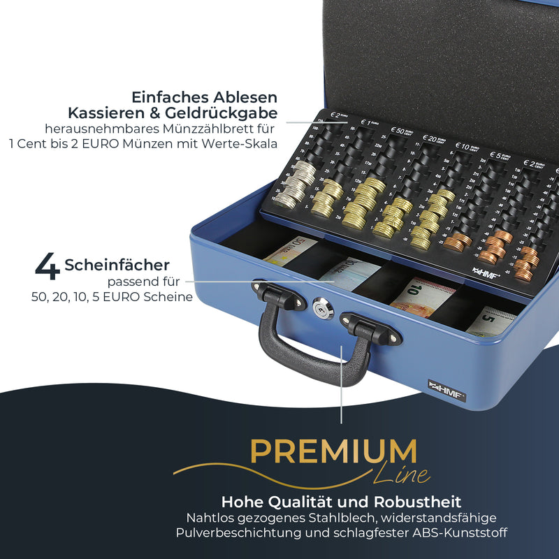 Geldkassette mit 2 Tragegriffen von HMF mit 36 cm Breite in Blau
