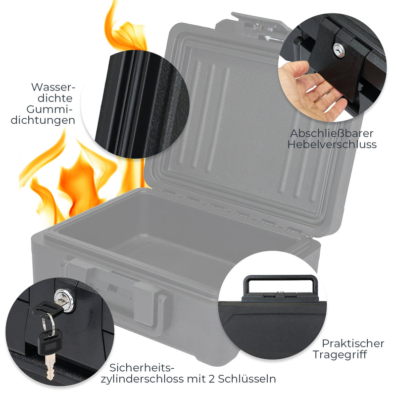HMF Feuerfeste Wasserdichte Dokumentenbox DIN A4 15,5 x 36,5 x 28,5 cm in Schwarz