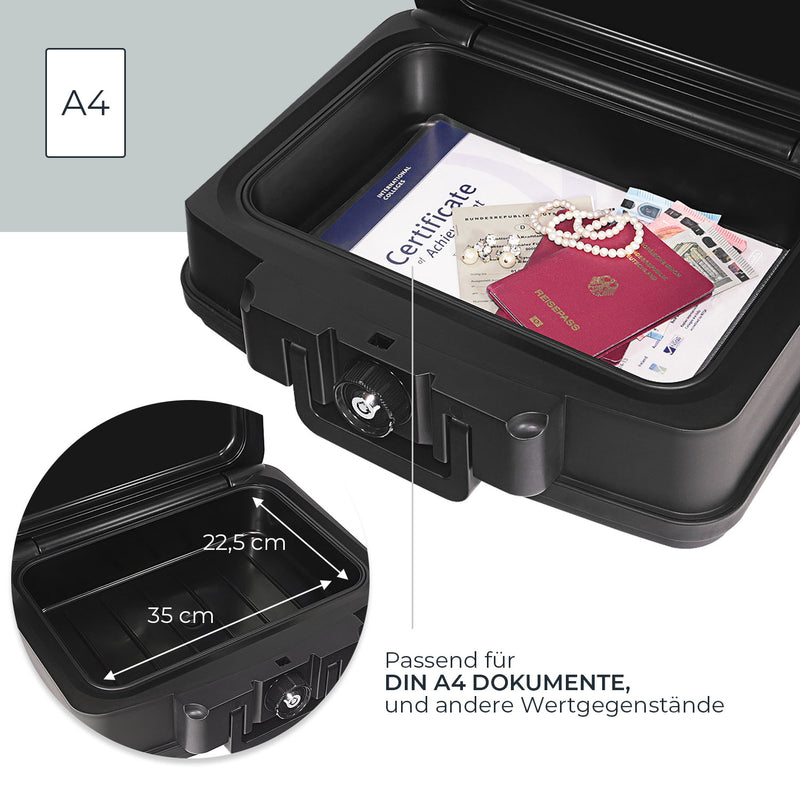 Feuerfeste und wasserdichte Dokumentenbox von HMF in DIN A4 in Schwarz