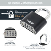 HMF Zahlenschloss Vorhängeschloss mit 4-stelligem Zahlencode in Schwarz