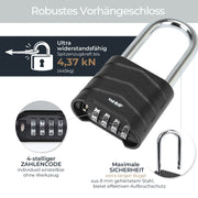 HMF 3509-02, Zahlenschloss Vorhängeschloss mit hohem Bügel, Schloss mit 4-stelligem Zahlencode aus Aluminiumlegierung
