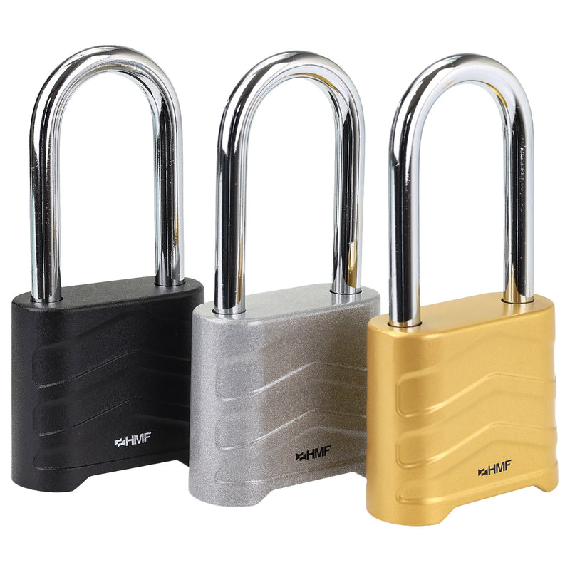 HMF 3509-02, Zahlenschloss Vorhängeschloss mit hohem Bügel, Schloss mit 4-stelligem Zahlencode aus Aluminiumlegierung