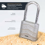 HMF 3509-09, Zahlenschloss Vorhängeschloss mit hohem Bügel, Schloss mit 4-stelligem Zahlencode aus Aluminiumlegierung