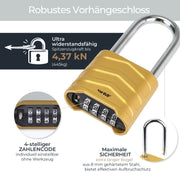 HMF 3509-23, Zahlenschloss Vorhängeschloss mit hohem Bügel, Schloss mit 4-stelligem Zahlencode aus Aluminiumlegierung