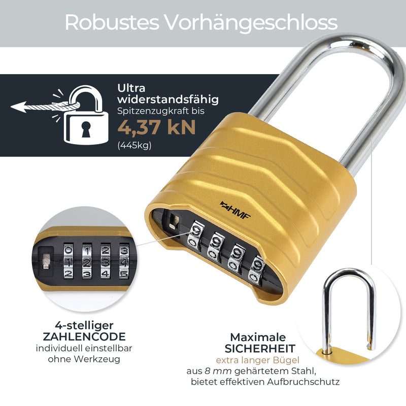 HMF 3509-23, Zahlenschloss Vorhängeschloss mit hohem Bügel, Schloss mit 4-stelligem Zahlencode aus Aluminiumlegierung