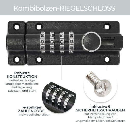 Riegelschloss mit 4-stelligem Zahlencode 12,2 x 4 x 4,8 cm in Schwarz