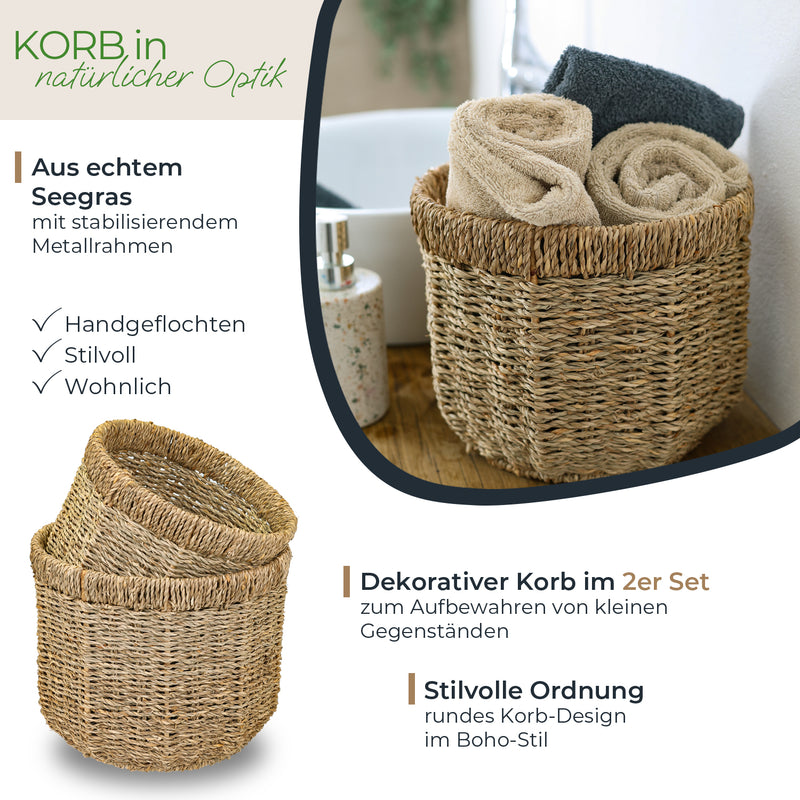 Aufbewahrungskorb geflochten aus Seegras im 2er Set Durchmesser 25 + 30 cm