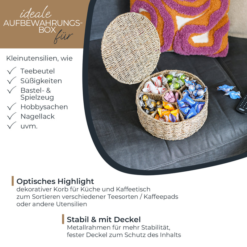 HMF 37291 Teebox für Teebeutel geflochten aus Seegras oder Wasserhyazinthe, Tee Aufbewahrungsbox mit 7 großen Fächern ,27 x 27 x 11 cm