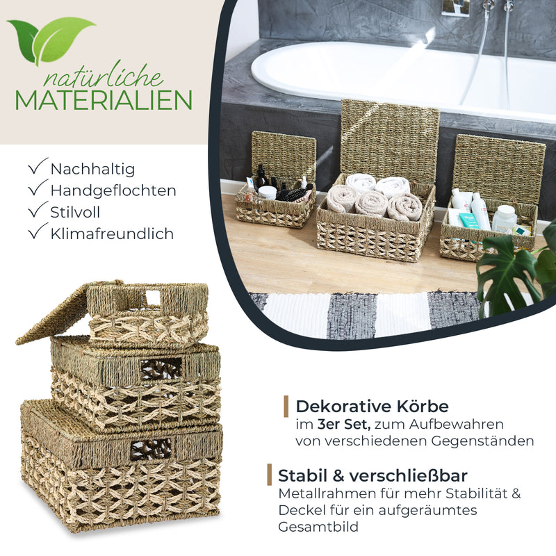 HMF Aufbewahrungskorb mit Deckel Korb aus Seegras und Palmblatt 3er Set