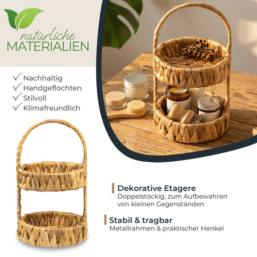 HMF Etagere mit 2 Etagen geflochten aus Wasserhyazinthe für Küche Badezimmer und Wohnbereich 30 x 17 x 17 cm in Natur