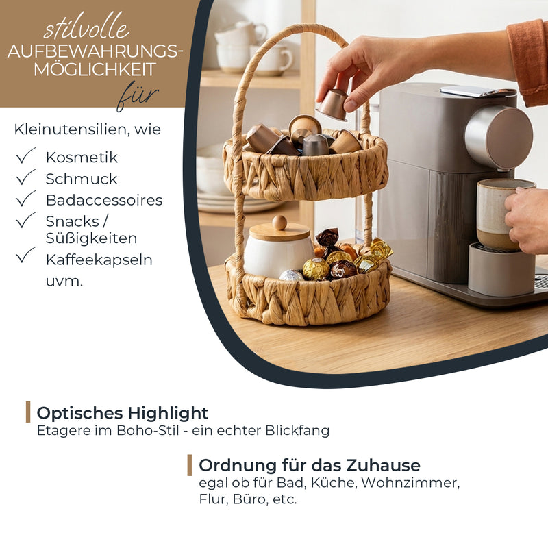 HMF Etagere mit 2 Etagen geflochten aus Wasserhyazinthe für Küche Badezimmer und Wohnbereich 30 x 17 x 17 cm in Natur