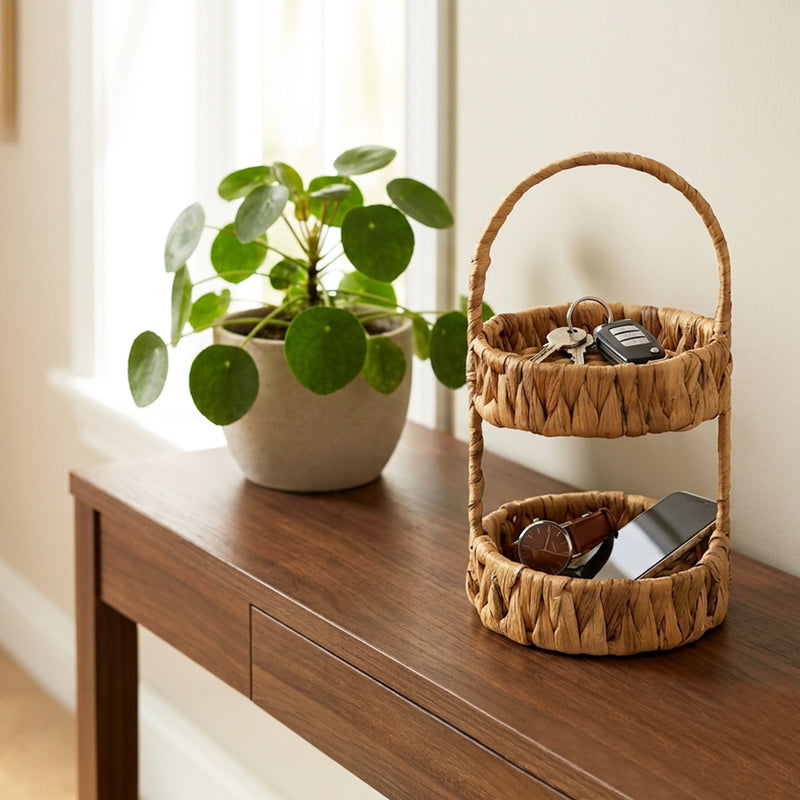 HMF Etagere mit 2 Etagen geflochten aus Wasserhyazinthe für Küche Badezimmer und Wohnbereich 30 x 17 x 17 cm in Natur
