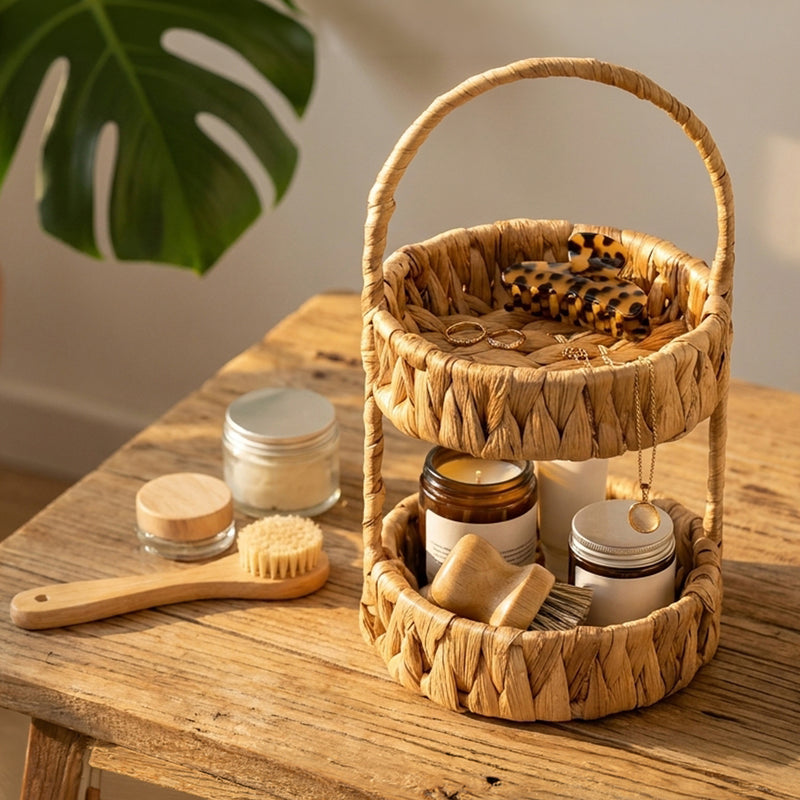 HMF Etagere mit 2 Etagen geflochten aus Wasserhyazinthe für Küche Badezimmer und Wohnbereich 30 x 17 x 17 cm in Natur
