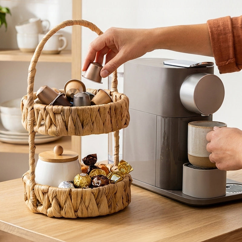 HMF Etagere mit 2 Etagen geflochten aus Wasserhyazinthe für Küche Badezimmer und Wohnbereich 30 x 17 x 17 cm in Natur