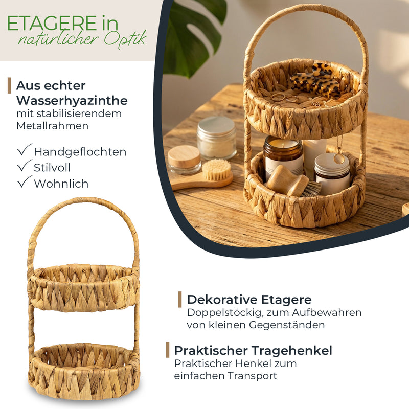 HMF Etagere mit 2 Etagen geflochten aus Wasserhyazinthe für Küche Badezimmer und Wohnbereich 30 x 17 x 17 cm in Natur