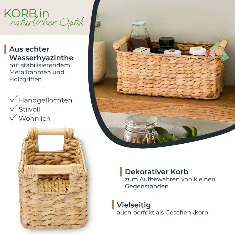 HMF 37279-30CM Aufbewahrungskorb Badezimmer, Korb geflochten aus Wasserhyazinthe mit Holzgriffen